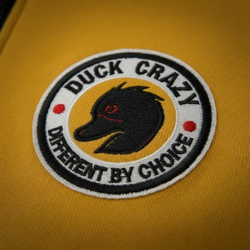 Macro close-up of the embroidered Duck Crazy woven patch