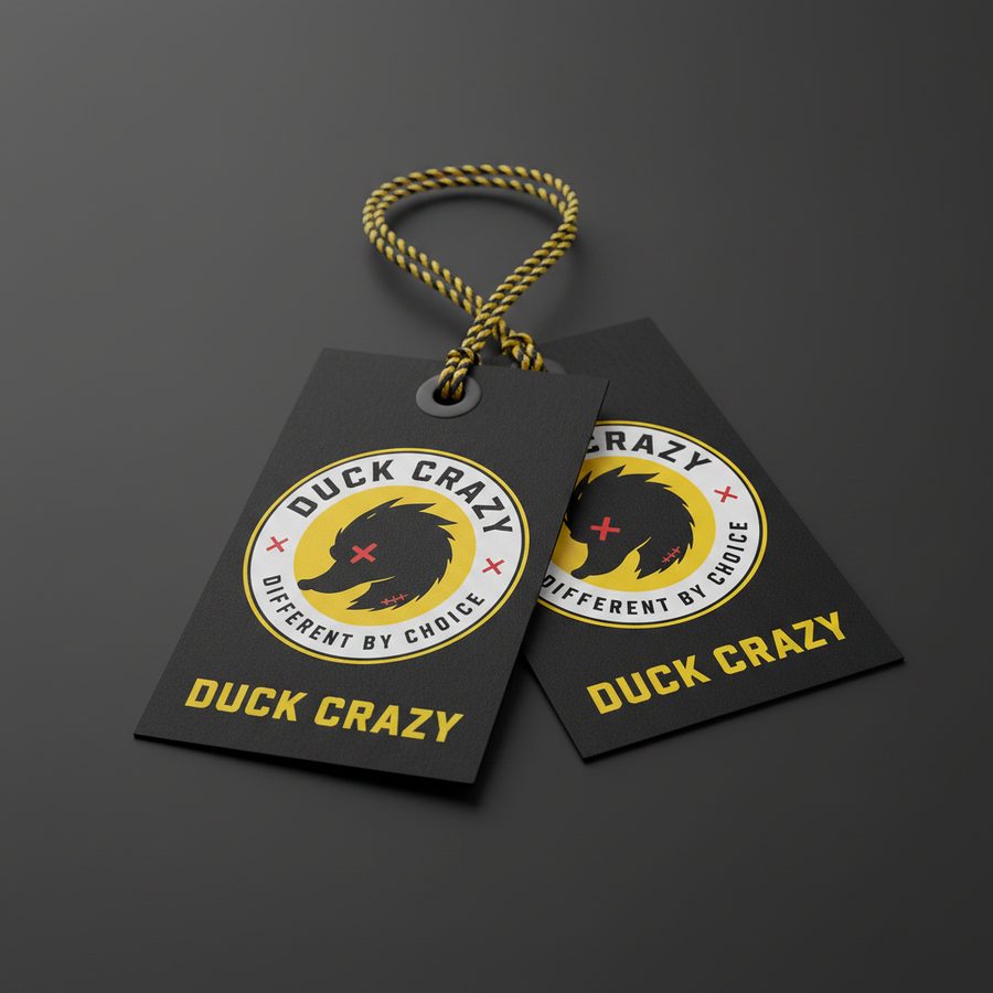 Duck Crazy black swing tags with yellow logo and cord